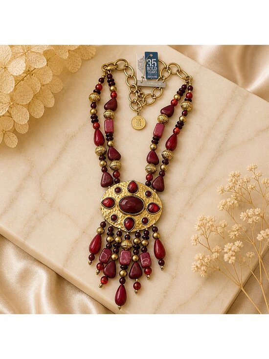 Chico's Jewelry - Vintage Chicos Red Statement Necklace Gold Beaded Fringe Bold 35th Anniversary